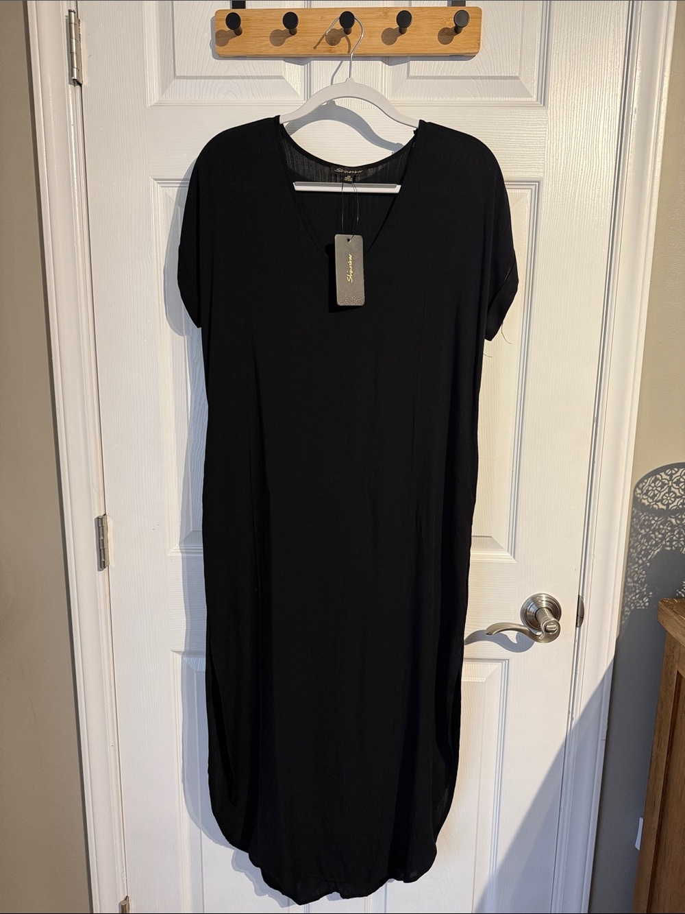 Shinestar Black V-Neck Midi Dress w/ hidden pockets